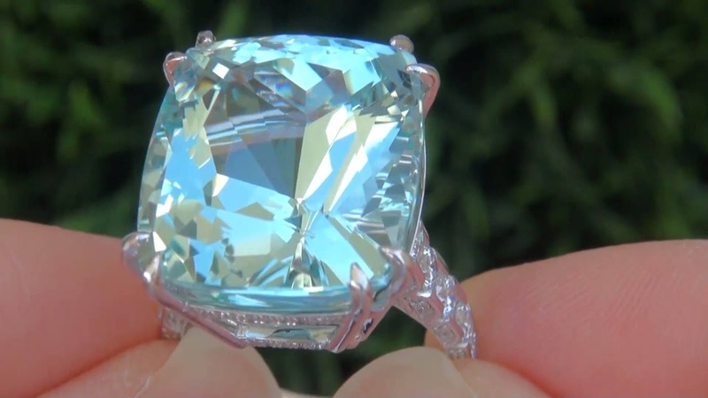 ESTATE Carat Aquamarine Diamond 18k White Gold Vintage Ring Certified TOP